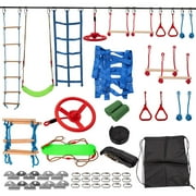 MOPHOTO Outdoor Ninja Warrior Obstacle Course for Kids, 60FT Durable Ninja Slackline Kit with Complete Accessories,Playset Equipment with Swing, Climbing Net, Ladder & Monkey Bars (10 Obstacles)