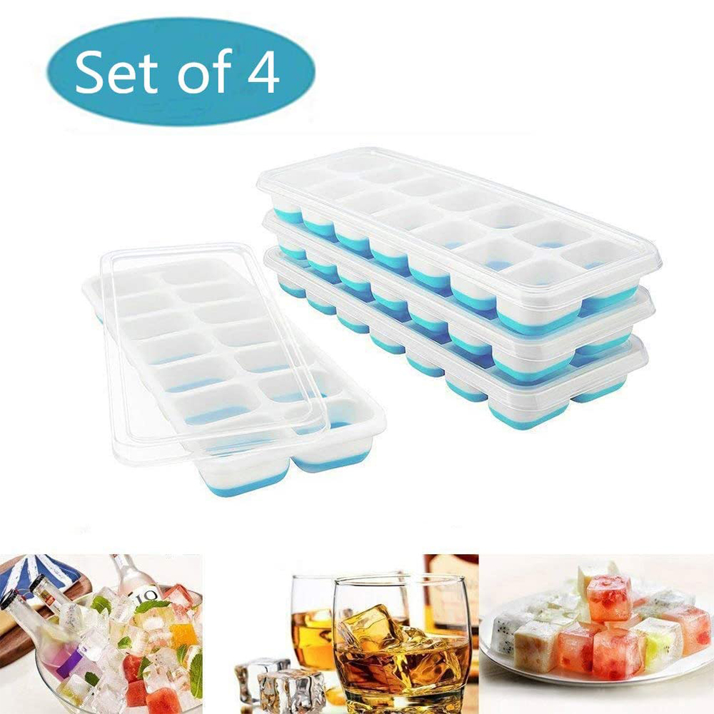 Set of 2 Silicone Ice Cube Trays with Lids BPA Free No Spill Cover Flexible New