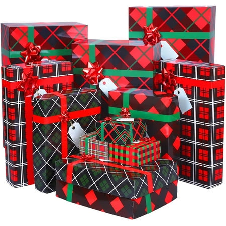 GRD 24 Pieces Christmas party Gift Boxes with Lids and Red Bows Buffalo Plaid Christmas Gift Wrap Boxes 4 Sizes Bulk Shirt Stuffs for Wrapping Xmas Holiday Present (Plaid)