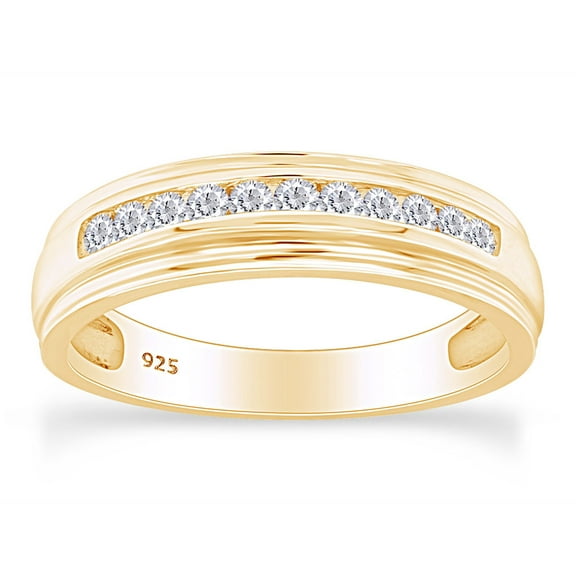 AFFY 0.25 Carat Round Shape White Natural Diamond Men's Wedding Band Ring 14K Gold Over Sterling Silver