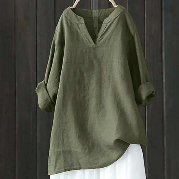 QUNYINEY V-Neck Women Shirts Casual Green Colorblock Long Sleeve Tops Loose Pullover Drop Shoulder Cotton Linen T-Shirts