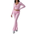thumbnail image 2 of Conjunto Deportivo de 2 Piezas para Mujer, Camiseta de Larga, Pantalones Acampanados con Solapa, Chándal Informal, Rosa, Talla M, 2 of 8