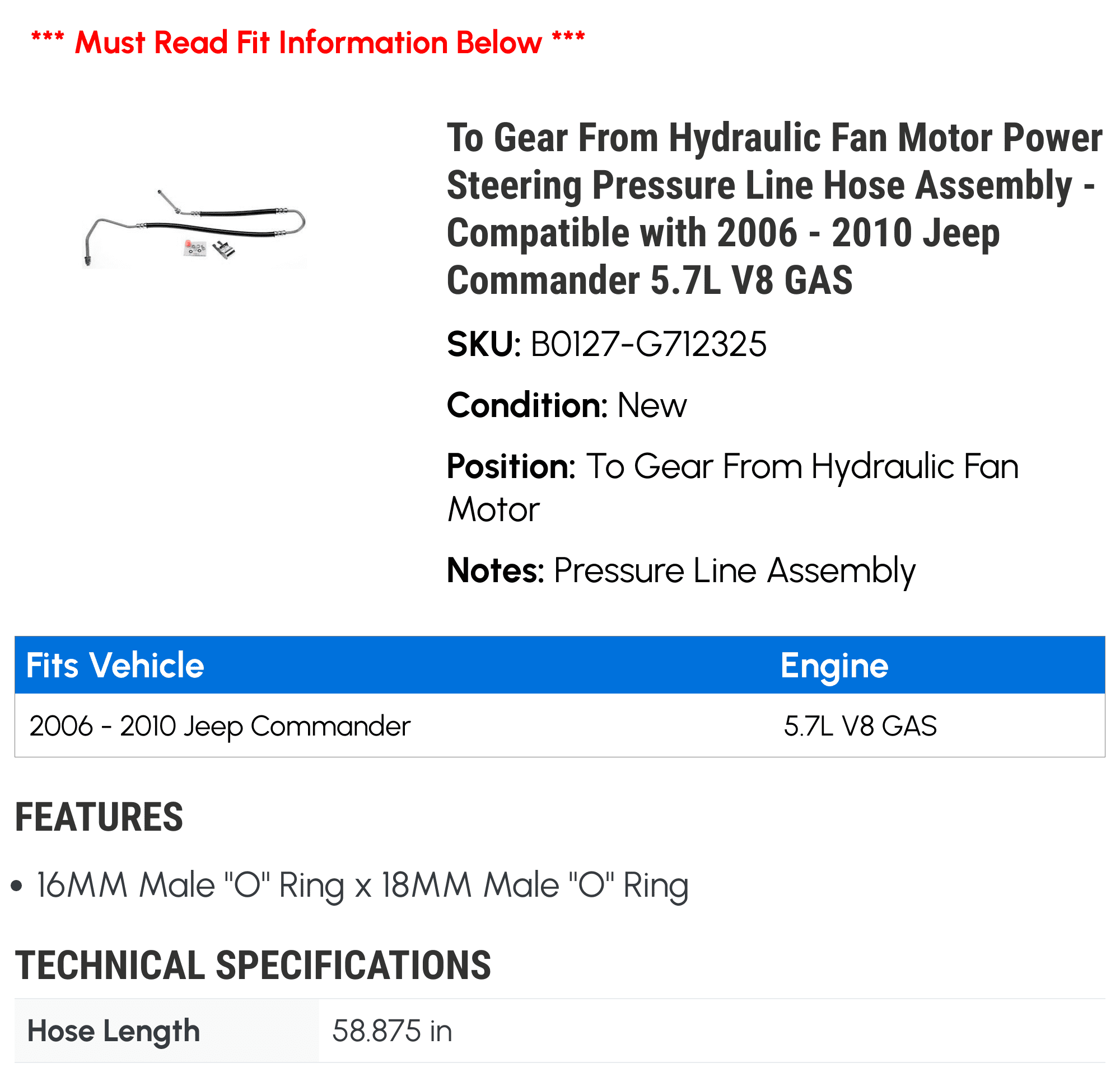 To Gear From Hydraulic Fan Motor Power Steering Pressure Line Hose Assembly - Compatible with 2006 - 2010 Jeep Commander 5.7L V8 GAS 2007 2008 2009
