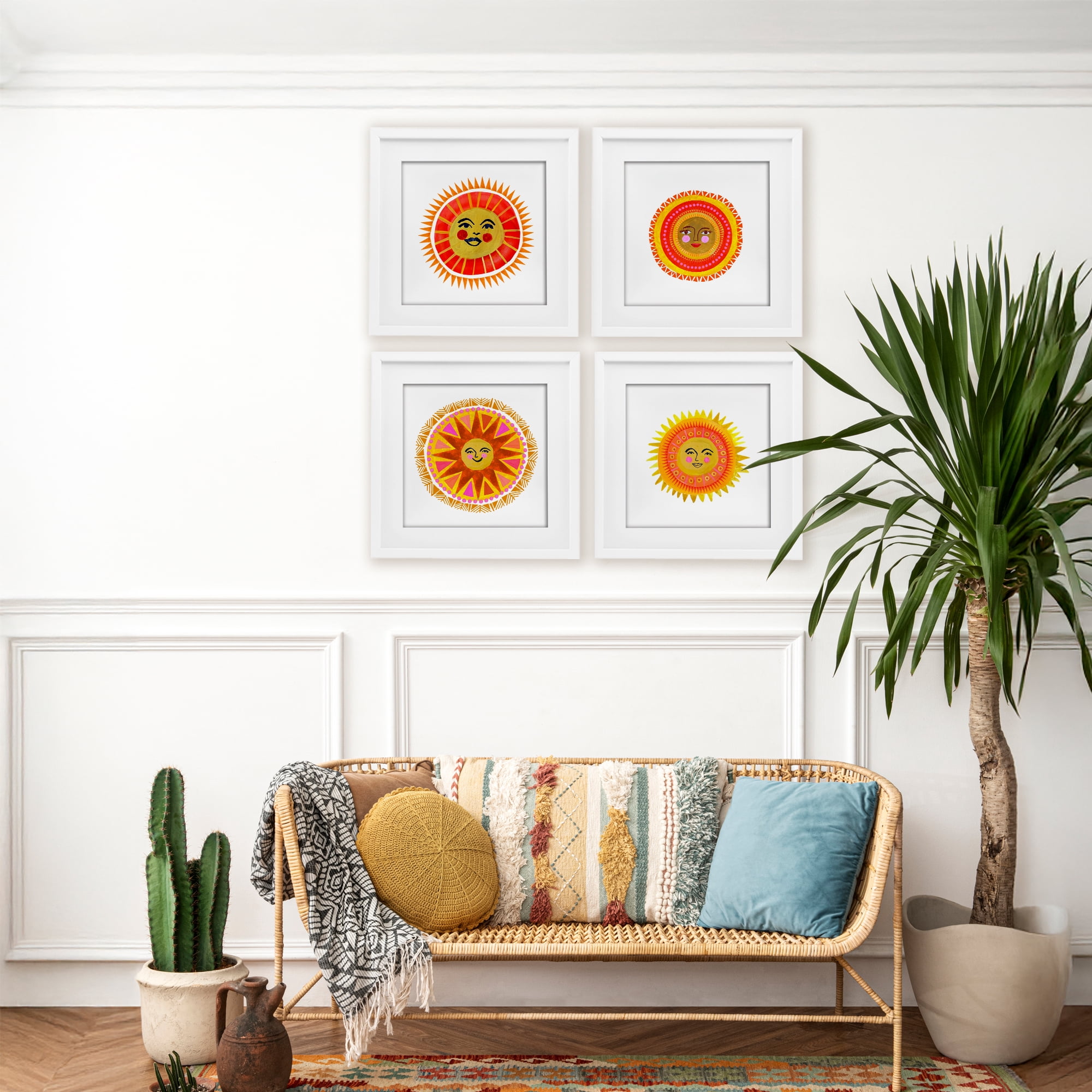 Stupell Industries Warm Happy Suns 4 Piece White Framed Print Under Glass Set, design by Katherine Herrell Studio