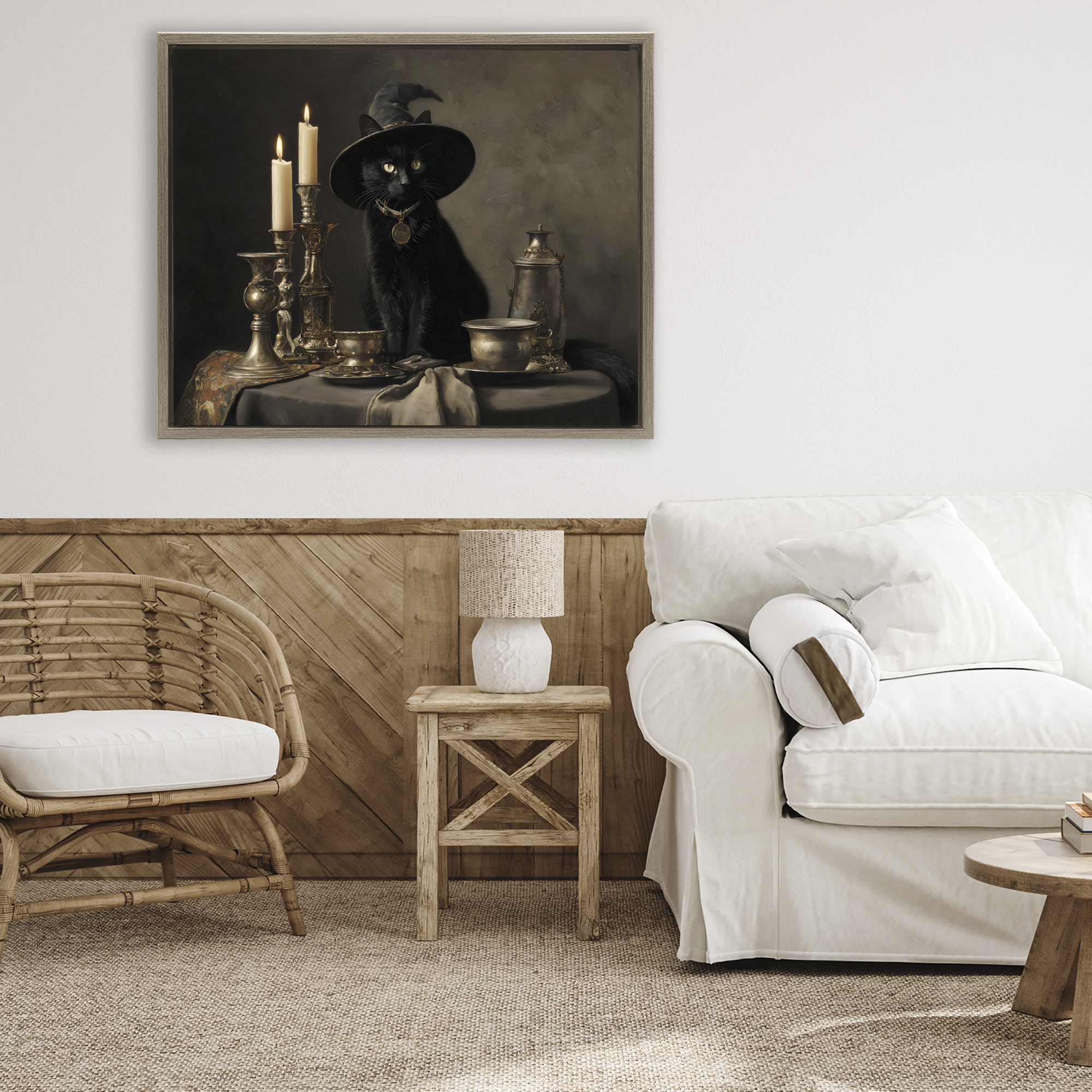 Vintage Witchy Black Cat Brown Framed Floater Canvas Wall Art, design by Arlington Prints