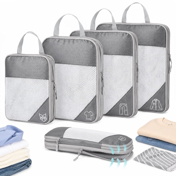 5 Set Travel Packing Cubes,Grey Clothing Storage Organizer Bags with Classification Icons & Carry Handle,Luggage Suitcase Organizer Pouches for Travel Trip