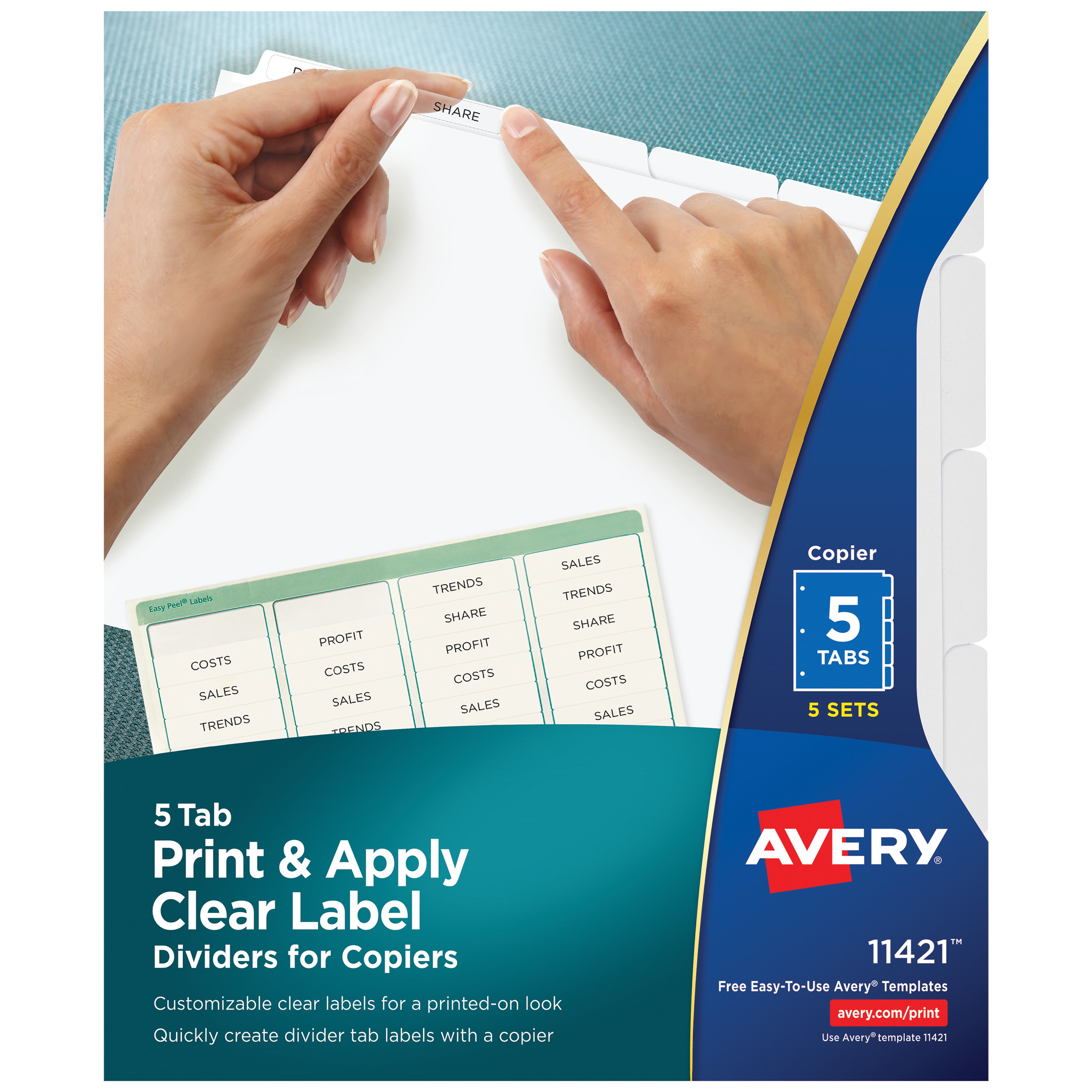 5-Tab Avery 11421 Print & Apply Clear Label Dividers w/White Tabs 5 Sets Copiers Letter 