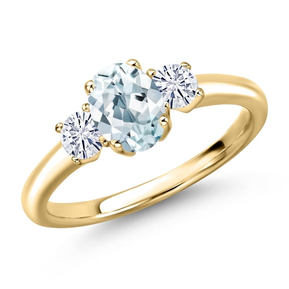 Gem Stone King 10K Yellow Gold Sky Blue Aquamarine and White Moissanite Engagement Ring for Women | 1.07 Cttw | Oval 7X5MM | Gemstone March Birthstone | Size 9