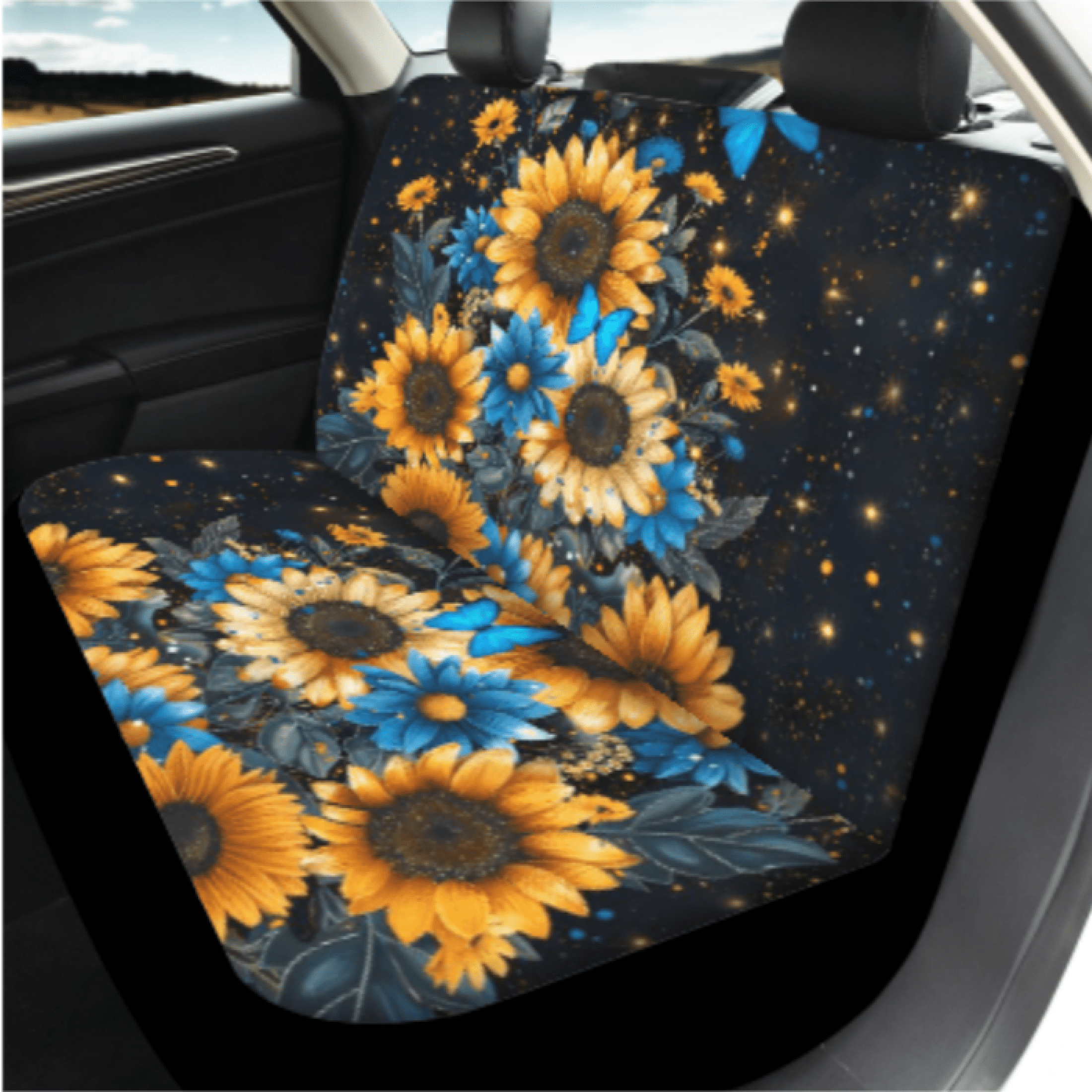 HUIACONG Butterfly Sunflowers Car Seat Cover Set, with Car Seat Covers Steering Wheel Cover Key Fob Vehicle Armrest Protection Cushion Front Back Seat Covers