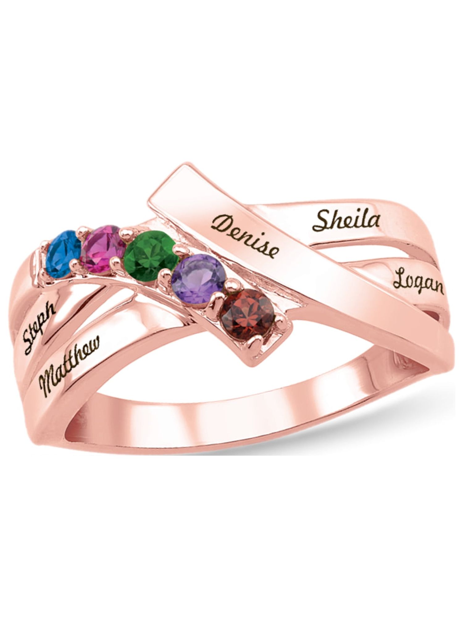 Personalized Bypass Engravable Birthstone Family Ring in 10K Gold by Jewlster