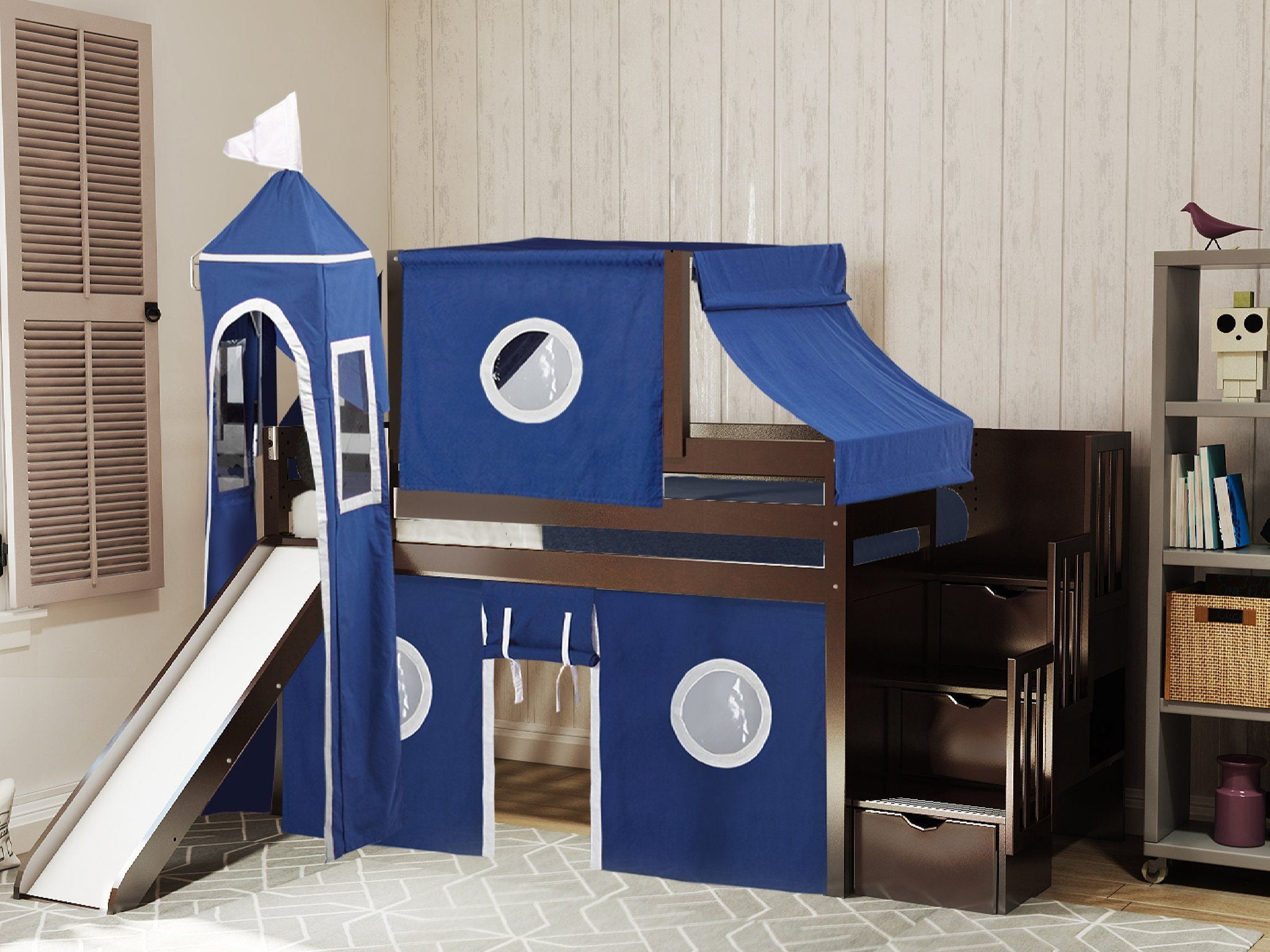 JACKPOT! Castle Low Loft Stairway Bed with Slide Blue & White Tent and