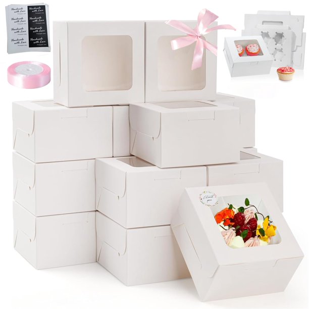 Paquete de 50 Cajas de para Postres con Tapa Transparente, cajas individuales para cupcakes de 16*16*7.5cm, cajas de galletas kraft cajas de golosinas para Dulces para Pasteles, Con pegatinas y cintas