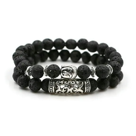 EOEMY Men Fashion Natural Lava Stone Lion Beaded Cuff Charm Bangle Bracelets 2Pcs/Set-Buddha Head Lava Stone