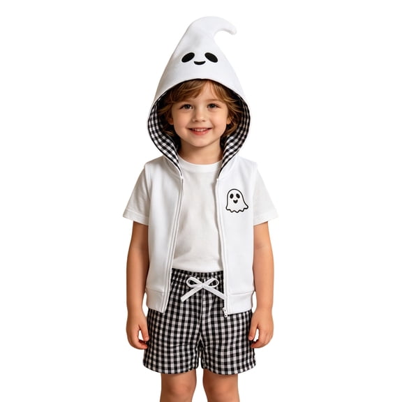 Yuncity Toddler Halloween Outfit Sleeveless Zip Hooded Cute Ghost Vest Drawstring Shorts Kids Holiday Fall Casual Dress Up 2 Pieces Set