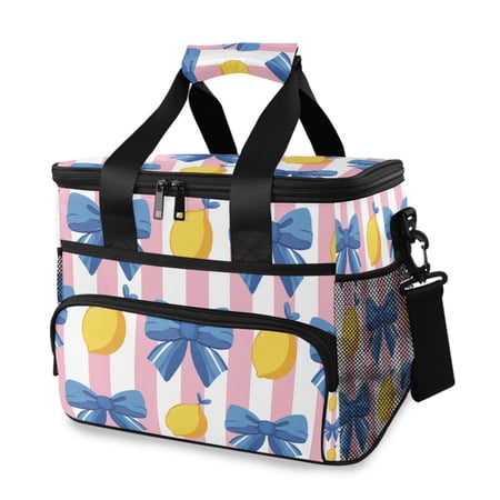 Lemons Blue Bows Pink Stripes Portable Cooler Lunch Box Reusable Insulated Lunch Bag Leakproof 15L