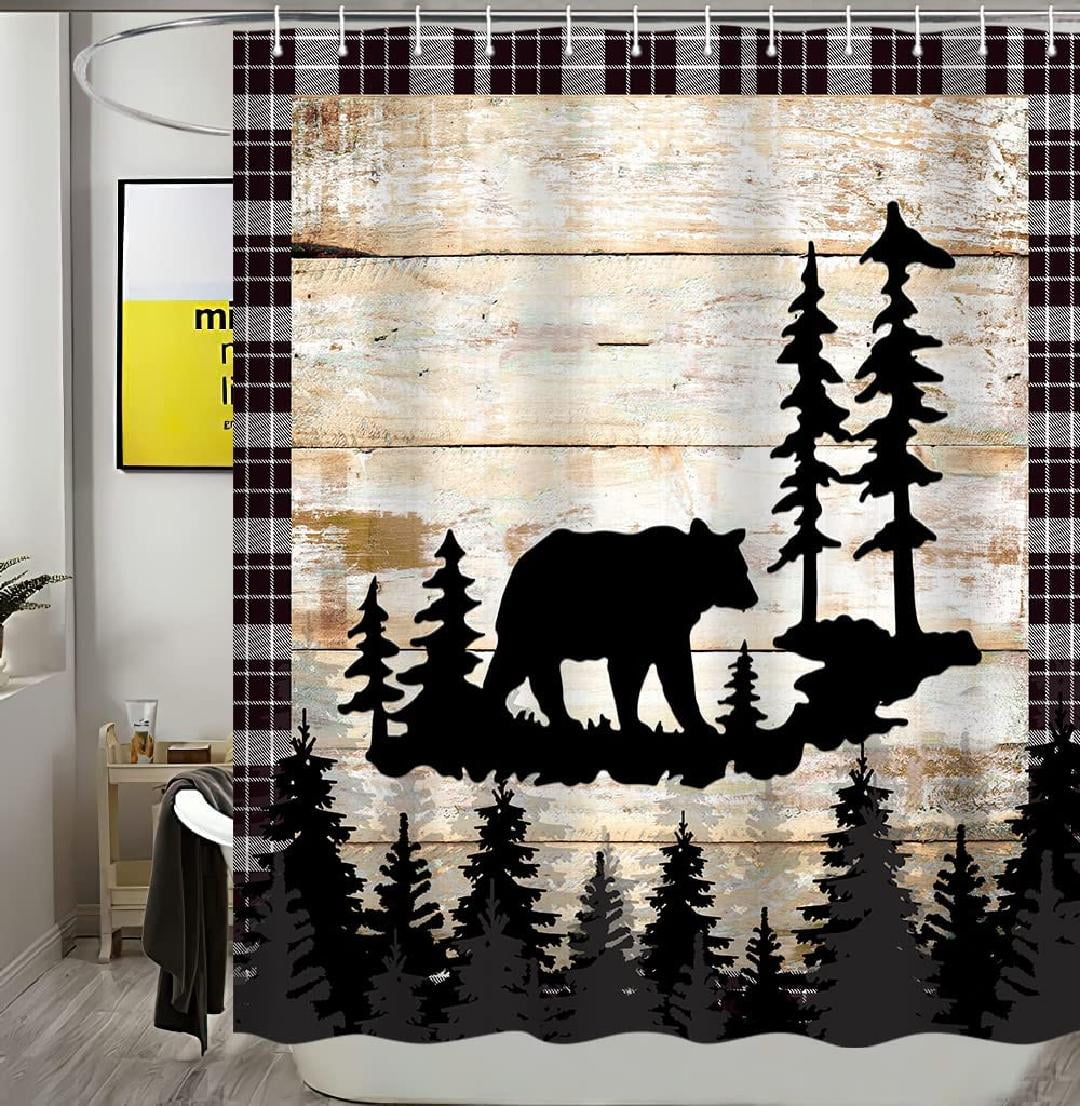 Rustic Bear Shower Curtain Set, Black and Grey White Square Checkered