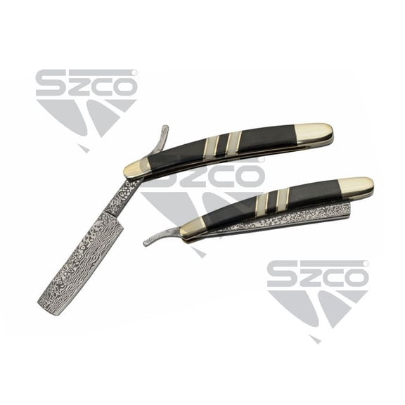 SZCO 4" Decorative Folding Razor Knife with Etched Damascus Pattern Blade, 3CR13 Stainless Steel Handle