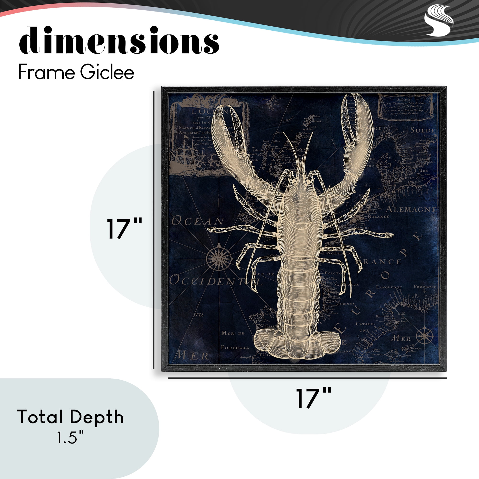 Lobster Contour over Map Black Framed Giclee Art, design by Sasha
