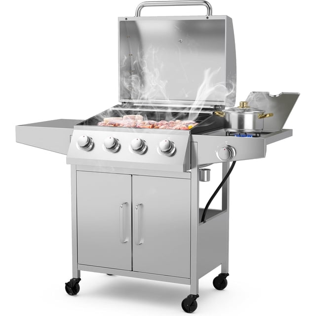 Barbecue à gaz propane à 4 brûleurs avec brûleur latéral, barbecue extérieur en acier inoxydable, 50 000 BTU, surface de cuisson de 460 po², 2 tables de préparation, thermomètre, armoire de