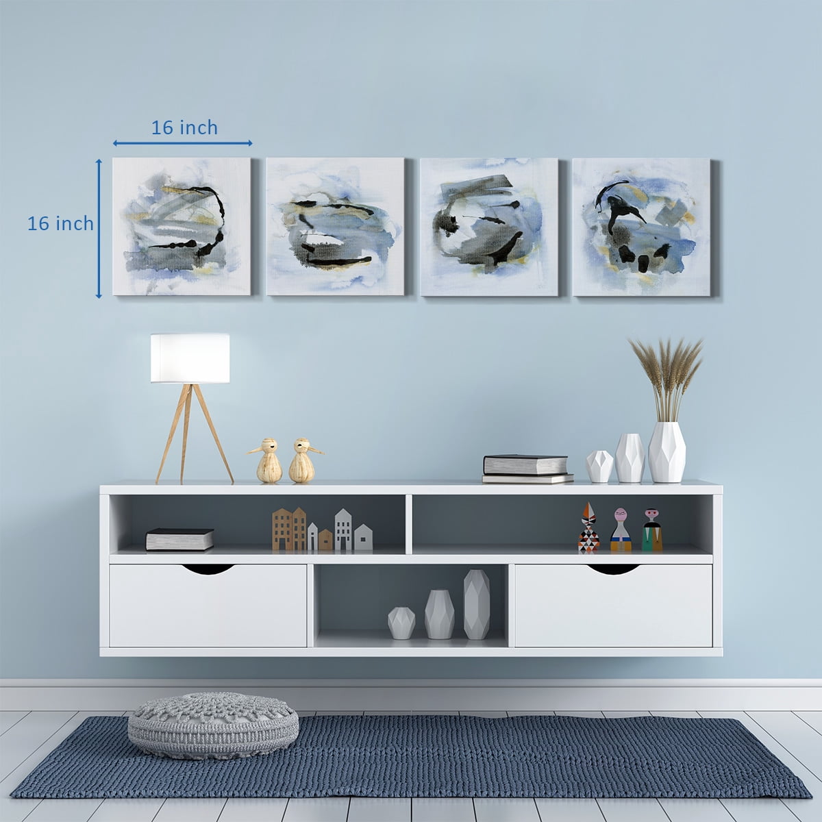 Wexford Home Abstract Wall Art Watercolor Canvas Prints Modern Artwork Décor for Living Room Bathroom Bedroom 16x 16 inches, Set of 4