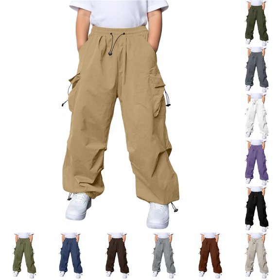 FYDUU Boys Cargo Pants with Pockets Baggy Elastic Waist Wide Leg Trousers Kids Lightweight Casual Trousers for Outdoor and Daily Wear Versatile Slacks 7-8 Years