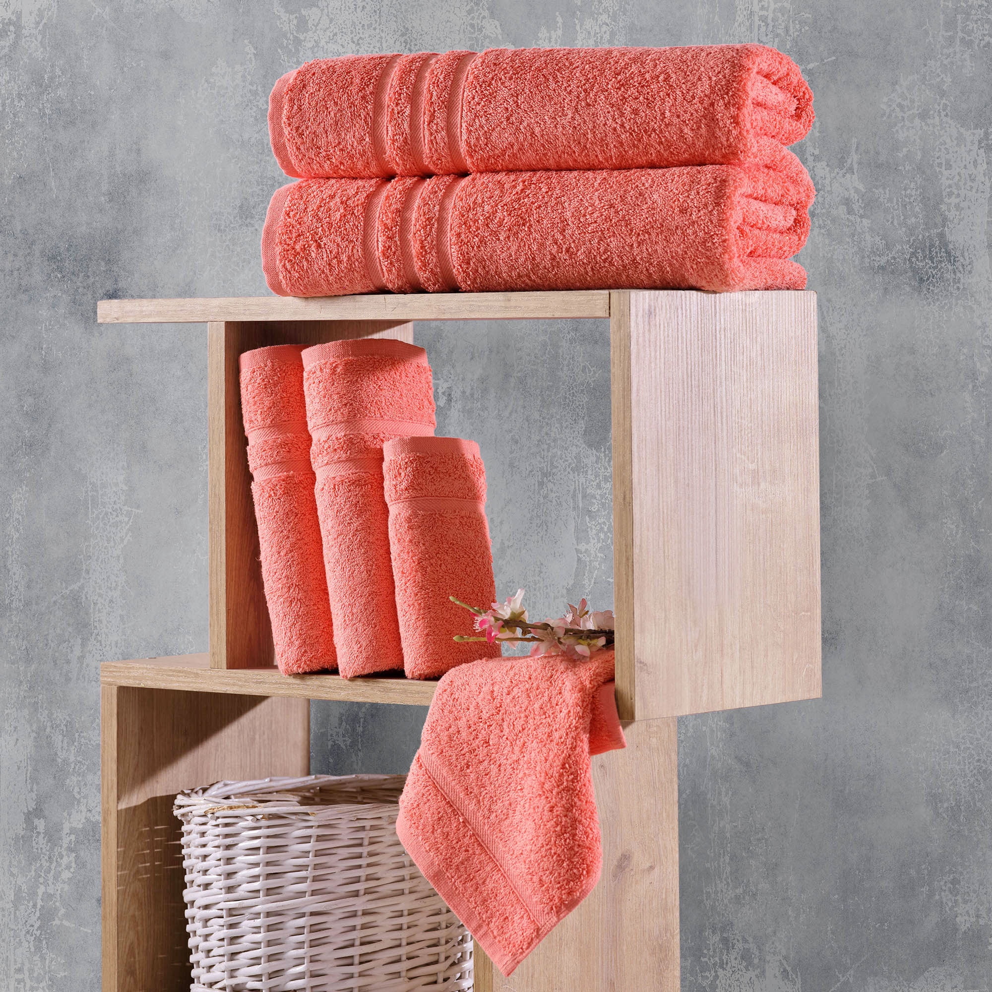 Hawmam Linen Coral Orange 6-Piece Bathroom Set 100% Turkish Cotton, 2 Bath Towels, 2 Hand Towels, 2 Washcloths - Soft Plush, Quickdry, High Absorbent Luxury Bathroom Accessories, Dorm Room Essentials