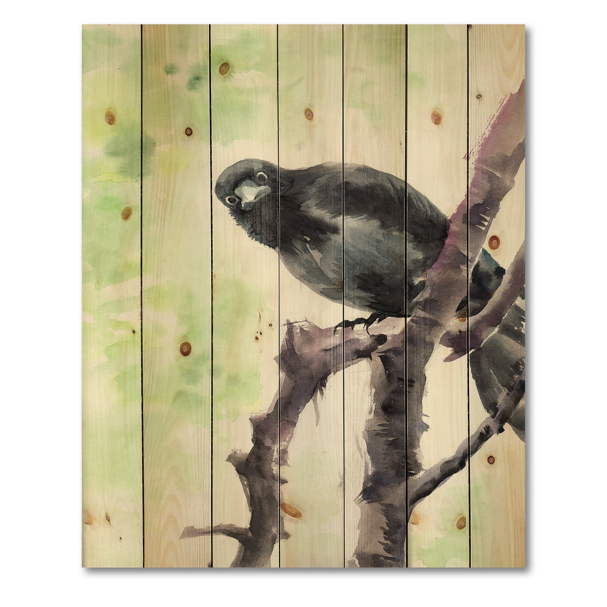 Designart 'Curious Crow Sitting On A Branch' Traditional Print on Natural Pine Wood