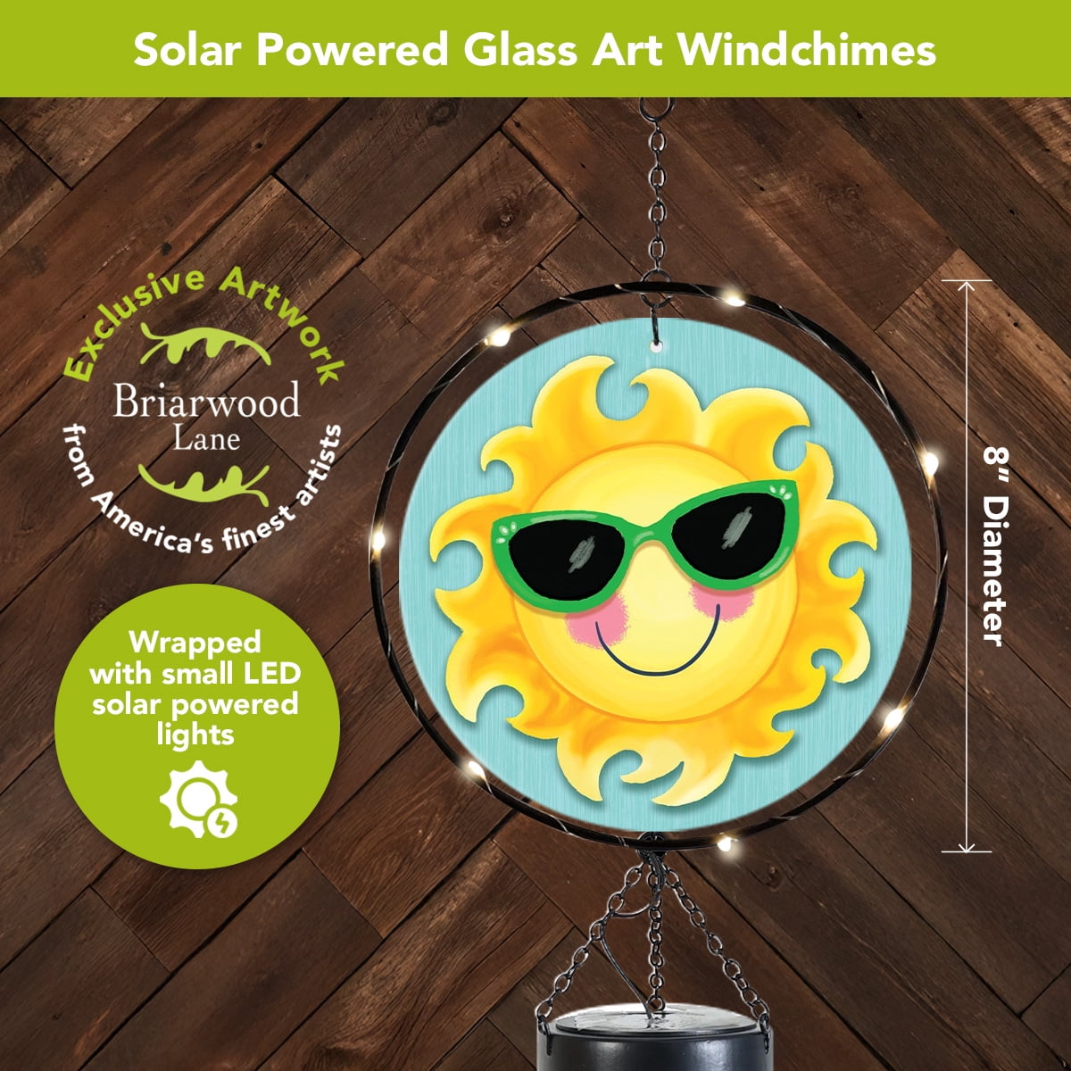 Briarwood Lane LED Illuminated Solar Powered Glass Suncatcher  Wind Chime 37x8 Hello Summer Sun For Summer Wind Chime For Outdoors Melodic Metal Windchimes Wind-Chimes