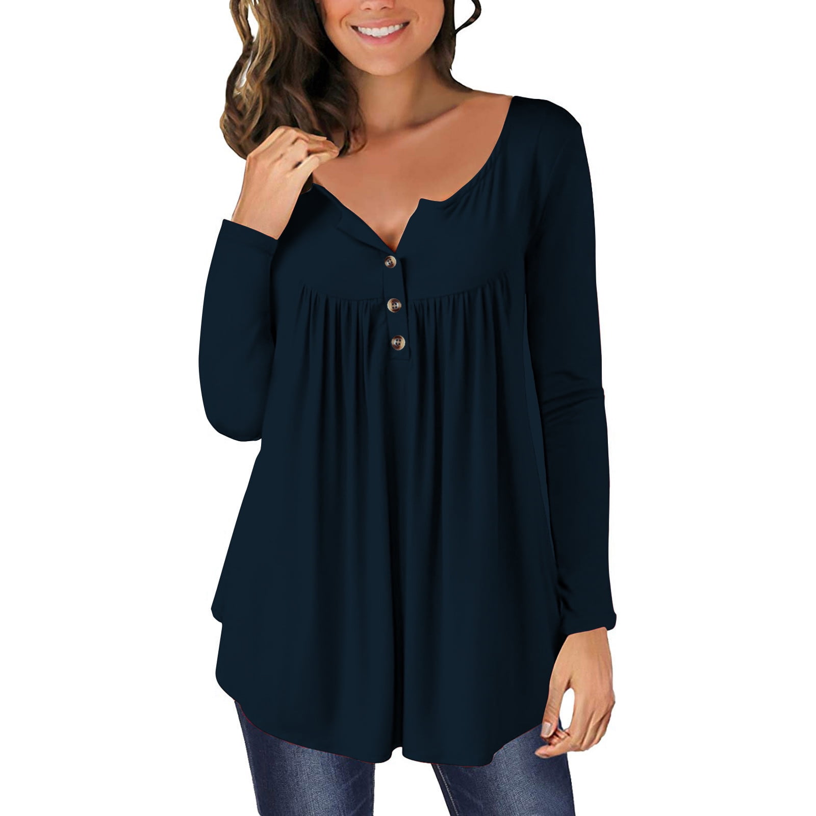Timegard Tops for Women Ruched Notched V-Neck Long Sleeve Button Blouse Dressy Casual Tunic Tops
