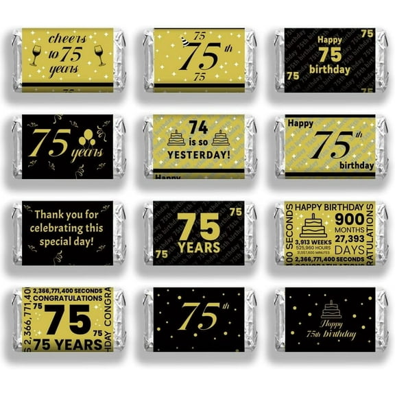 120 Pcs Happy 75th Birthday Mini Candy Bar Wrappers Stars Cake Dot Balloon Wine Glasses Chocolate Bar Label Stickers Self Adhesive Stickers for DIY Making