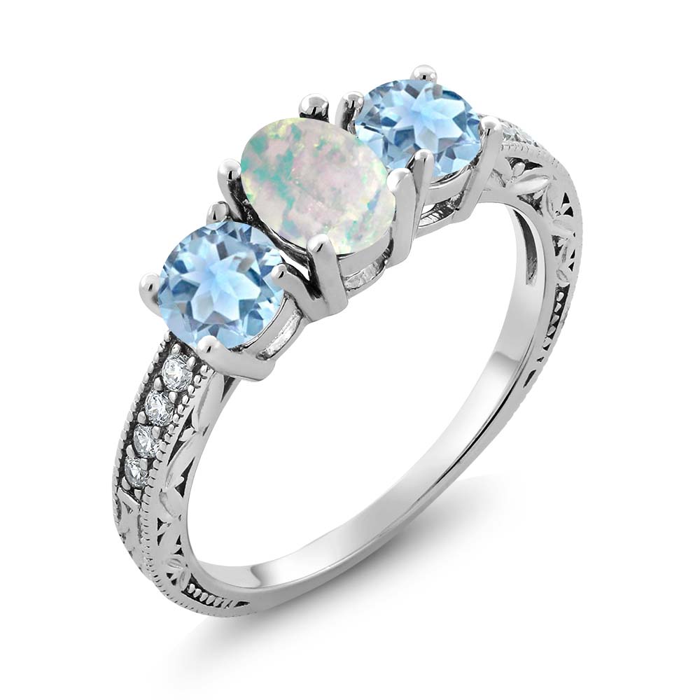 1.55 Ct Oval White Simulated Opal Sky Blue Aquamarine 925 Sterling Silver Ring by