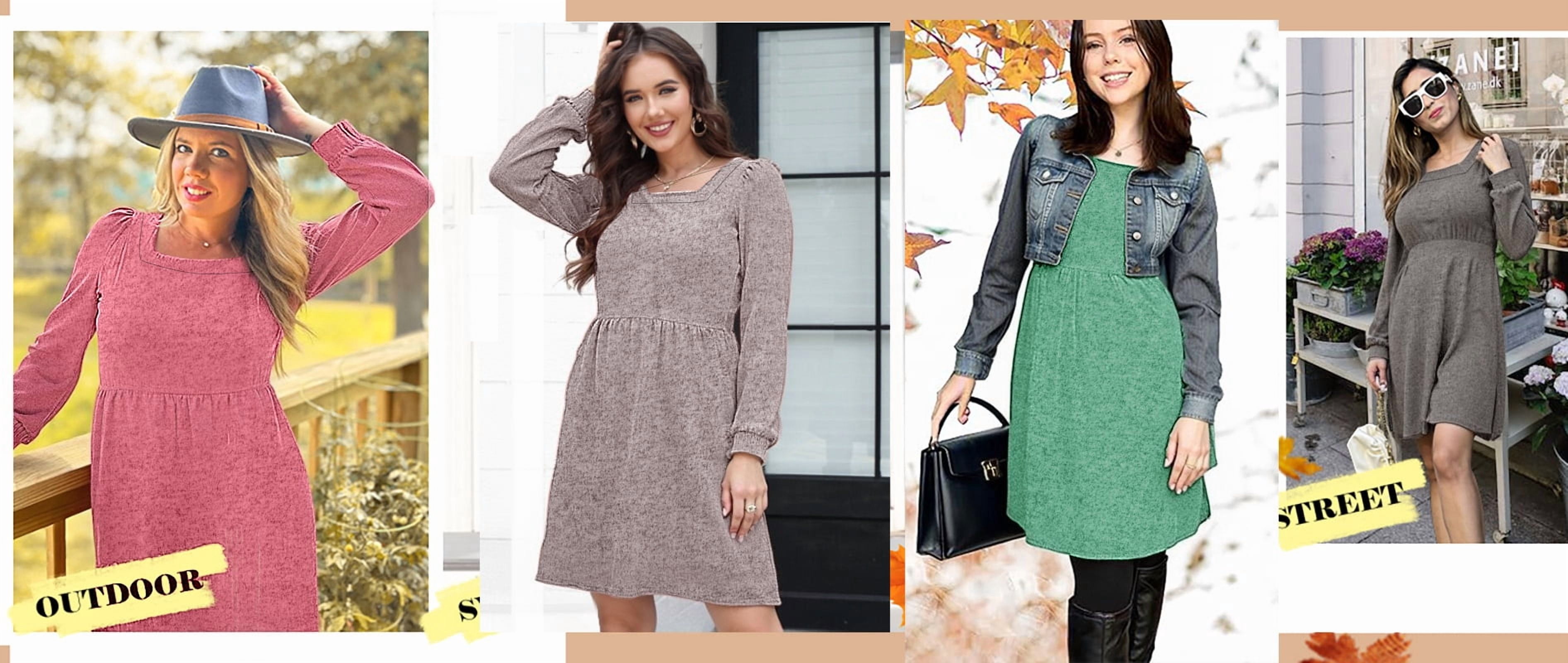Fantaslook Square Neck Long Sleeve Dresses for Women Casual Trendy Sweater Dress with Pockets