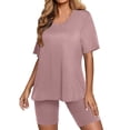 thumbnail image 2 of ICHUANYI Clearance Women Two Piece Outfits Summer Short Sleeve Round Neck Biker Shorts Set Cycling Suit(Pink, L) ICHUANYI WER2023081116931, 2 of 6