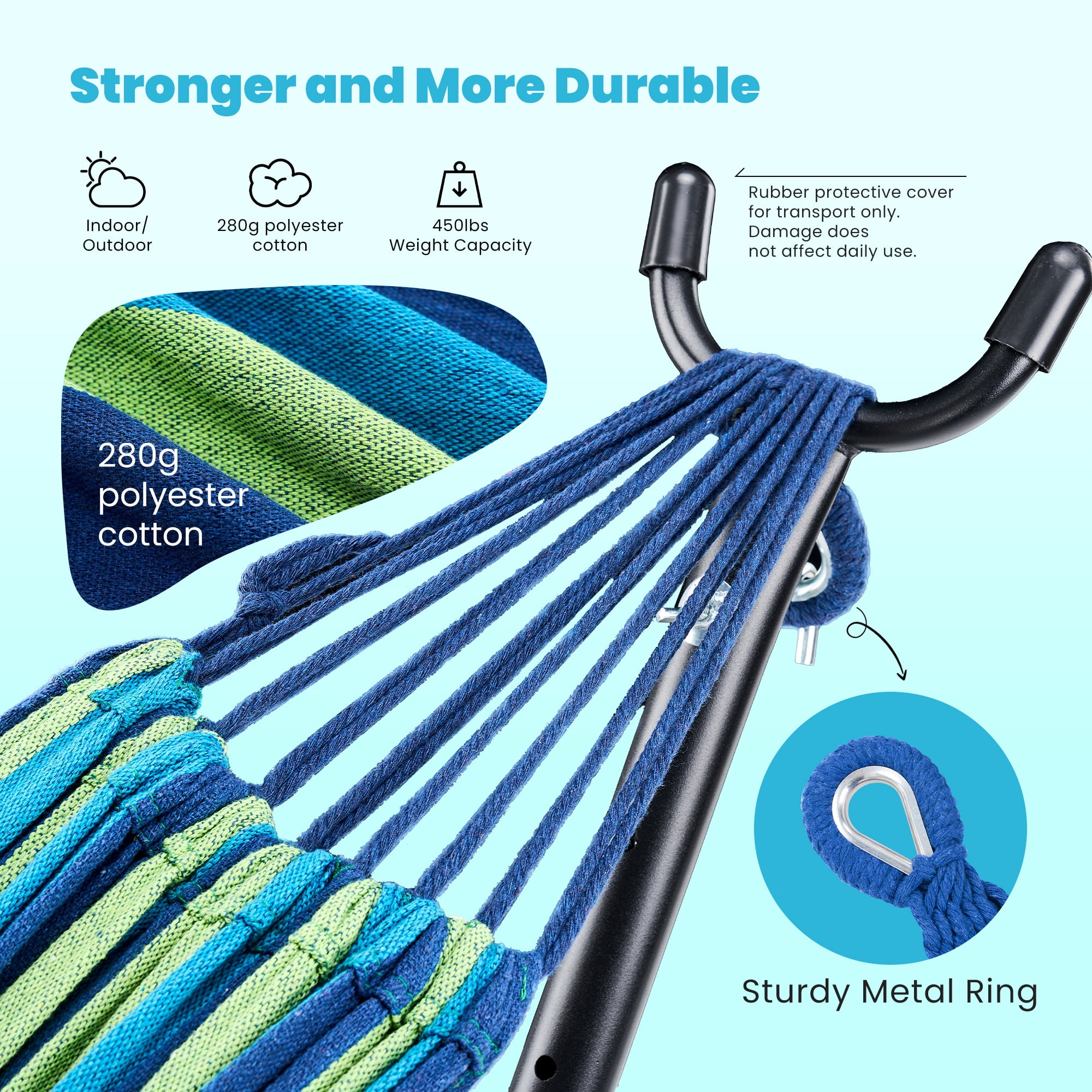 GIANNA Double Hammock with Steel Stand and Carrying Bag, Adjustable Height, 450lbs Capacity, Polyester Cotton Fabric, Portable Outdoor Hammock for 2 Adults, Blue