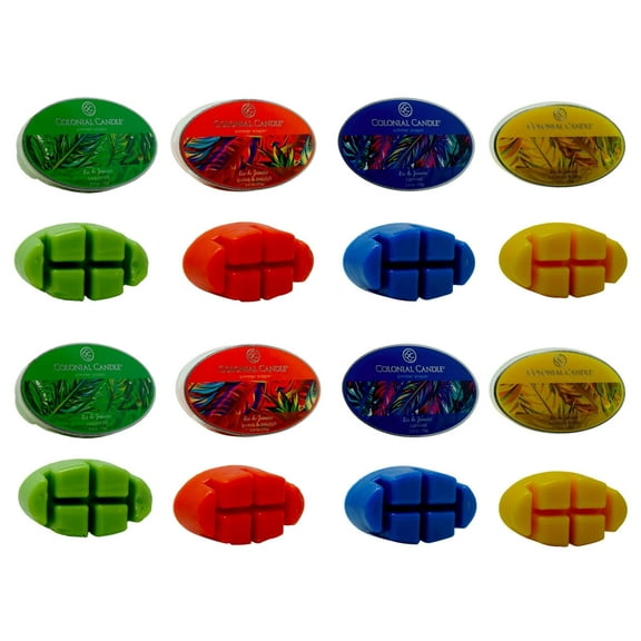 Colonial Candle Wax Melts Rio De Janeiro Scents (8 Packs, 2.4 oz Each, 48 tarts) Simmer Snaps Caipirinha, Carnival, Hibiscus & Java, Guava & Papaya, Tropical Flowers Fruits