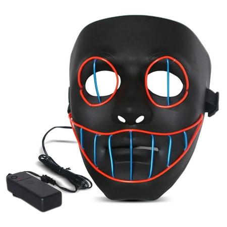 Halloween LED Mask Purge Masks with Lighten EL Wires Scary Light Up Cosplay Costume Mask Battery-operated Glowing Creepy Mask Black with Blue&Red Wrie