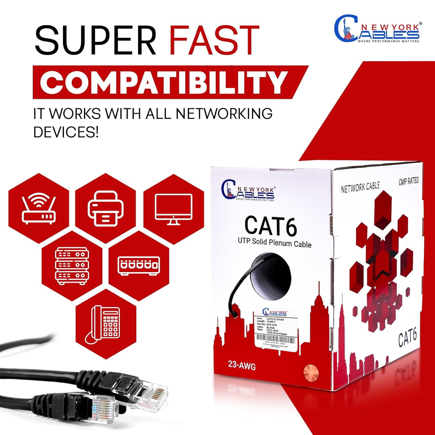 NewYork Cables | Cat6 Plenum Ethernet Cable Pure Copper 1000ft UTP 4Pairs 550MHz 23AWG 10 GB Black