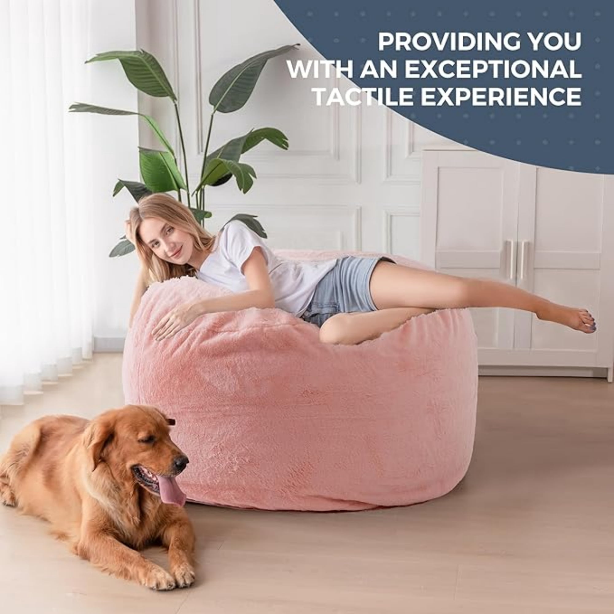 5ft Faux Fur Convertible Bean Bag Bed, Giant Bean Bag Chair with Removable Washable Cover, Large Lazy Floor Sofa with Side Pocket for Living Room, Bedroom, Dorm, Pink
