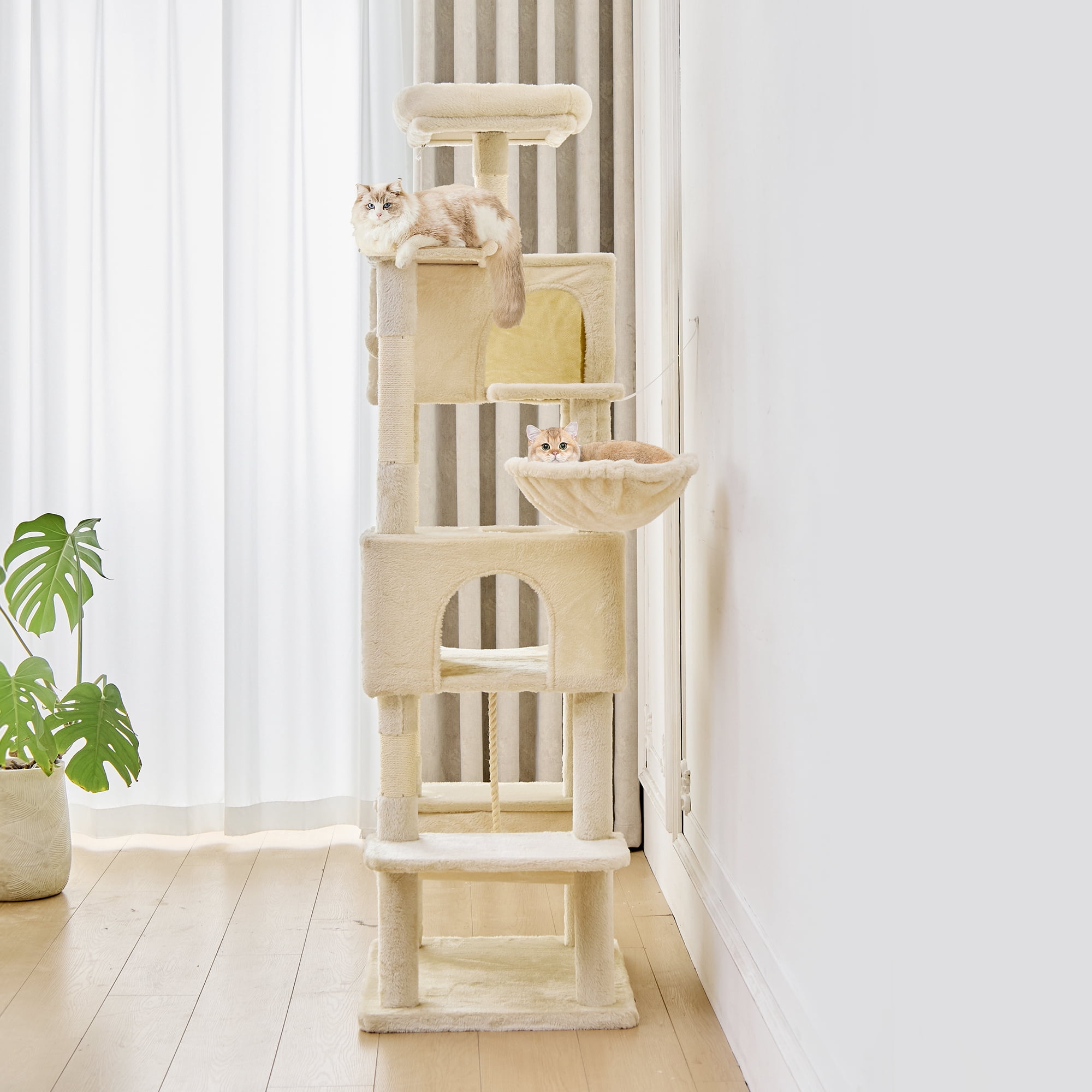 JIOABL 66" Multi-Level Cat Tree Tower with Hammock, Large Condo, Climbing Plates, Plush Toy, Kitty Playing House, Beige