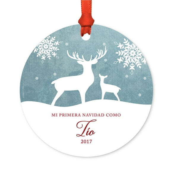 Spanish Family Metal Christmas Ornament, Mi Primera Navidad Como Tío 2017, Includes Ribbon and Gift Bag