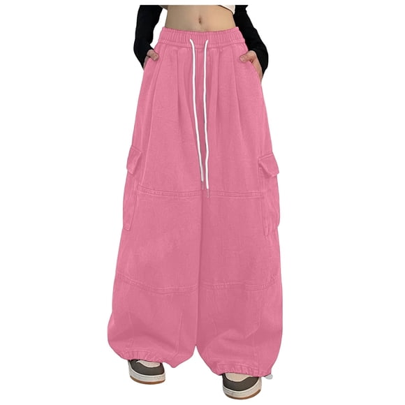 HBFAGFB Women's Jeans Comfortable Cargo Pants Lace up Low Waist Wide Leg Pants with Pocket Pink Size XL