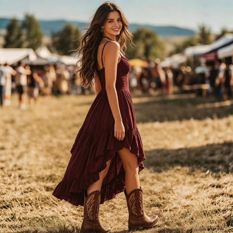 boho country dresses Verdusa Women's Western Floral Dress Cowgirl Concert Outfits For example Womens Casual Boho Floral Ruched