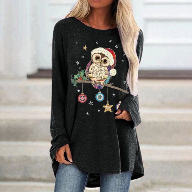 Puntoco Navidad Mujer Moda Tallas grandes Estampado Cuello redondo Manga larga Camiseta Blusa Puntoco Puntoco-4863