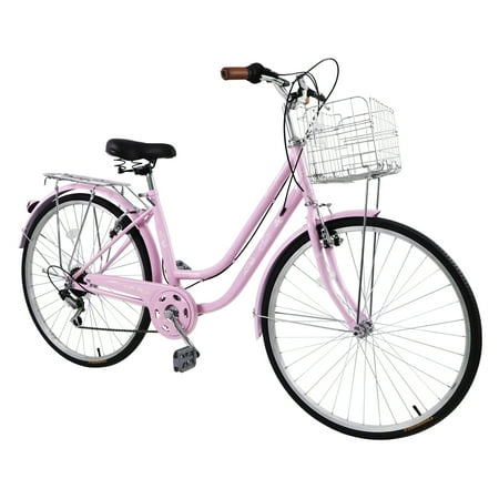 Campingsurvivals Women & Men's 26" Shimano 7 Speed Urban Commuter City Bike, V Brake, Baskets, Pink