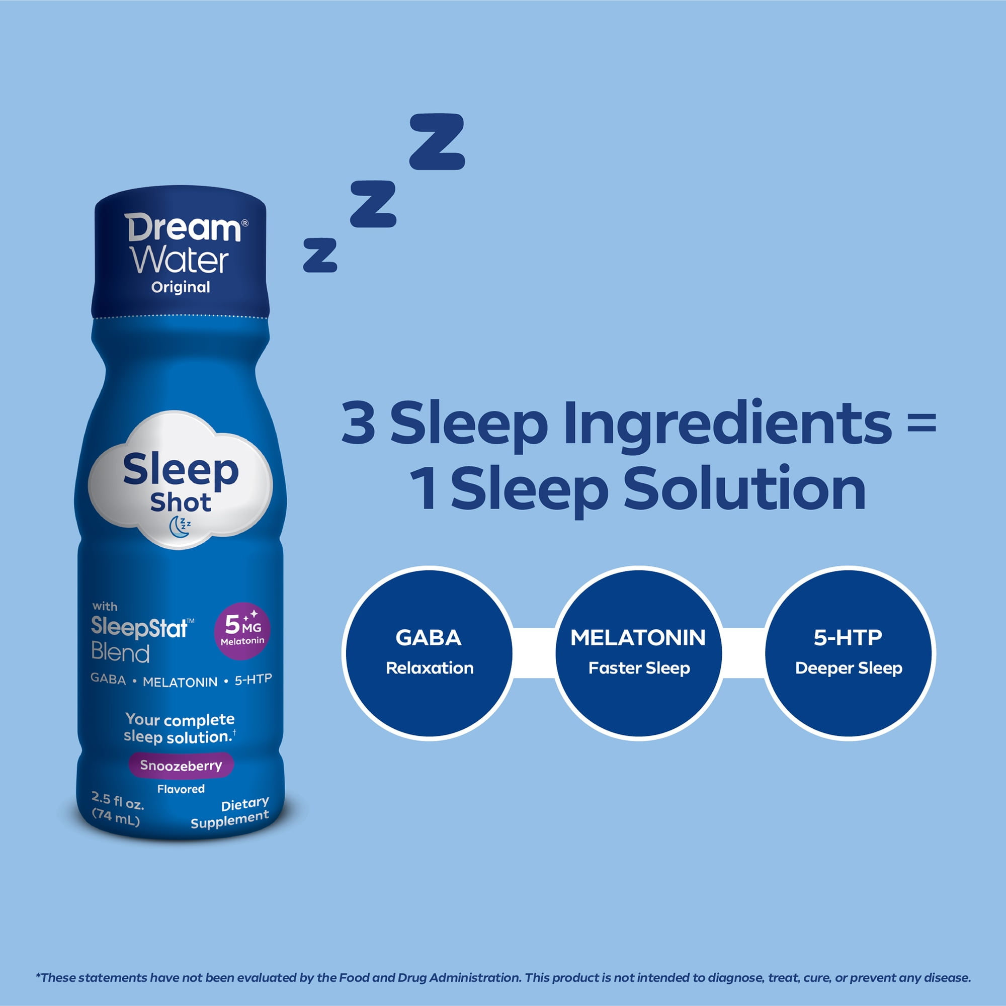 Dream Water Sleep Aid Supplement Drink; Melatonin 5mg, GABA, 5-HTP;   Zero sugar, Natural flavors, No added colors,  2.5 oz liquid sleep shots, Snoozeberry,  24-Count