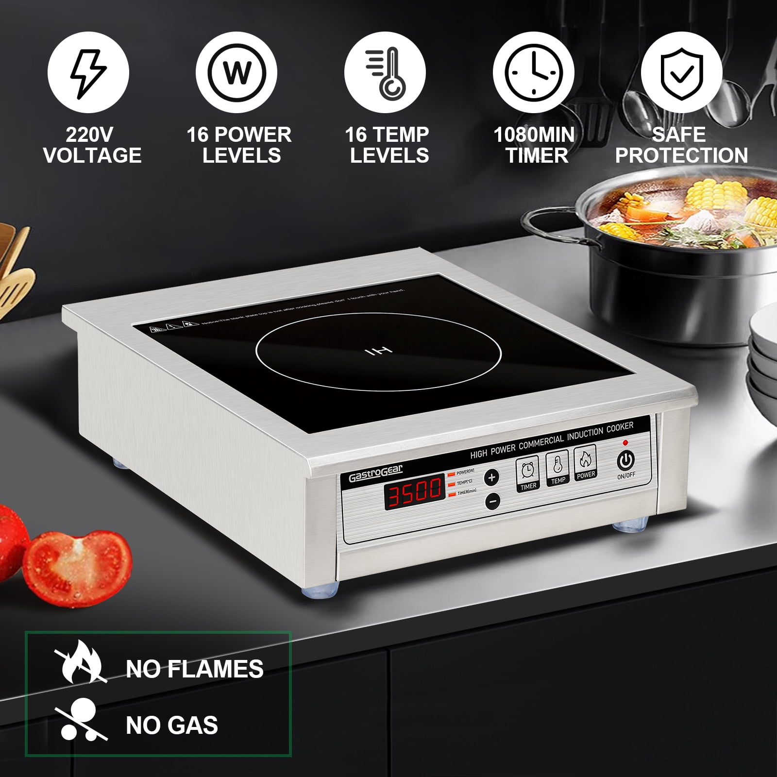 GastroGear 3500W 195V-275V Commercial Induction Cooktop ETL-Certified Professional Range Countertop Burners Hot Plate Electric Stove for Kitchen Restaurant Hotel School