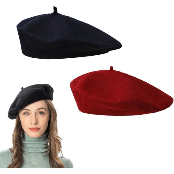 PSFXBM 2 Pcs French Retro Wool Beret Hats - Dome Berets Women's Classic Solid Color Artist Hats Unisex Suitable For Daily Life Party Masquerade Parties Black