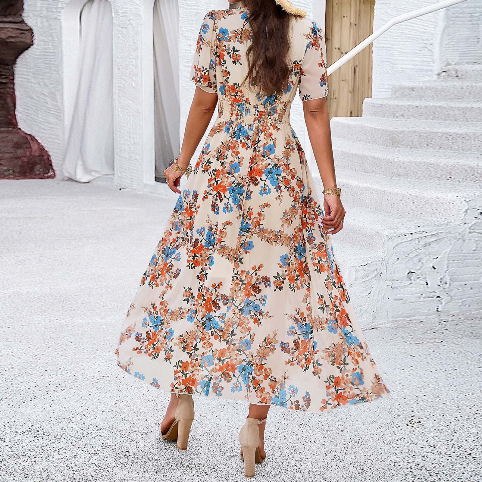 Jamsmile Womens Dress Summer Bohemian Style Floral Print Short Sleeve Dresses Casual High Waist Flowy Beach Boho Sundress