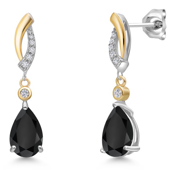 Gem Stone King 925 Silver and 10K Yellow Gold Black Onyx and White Lab Grown Diamond Earrings for Women | 2.63 Cttw | Gemstone December Birthstone | Pear Shape 9X6MM