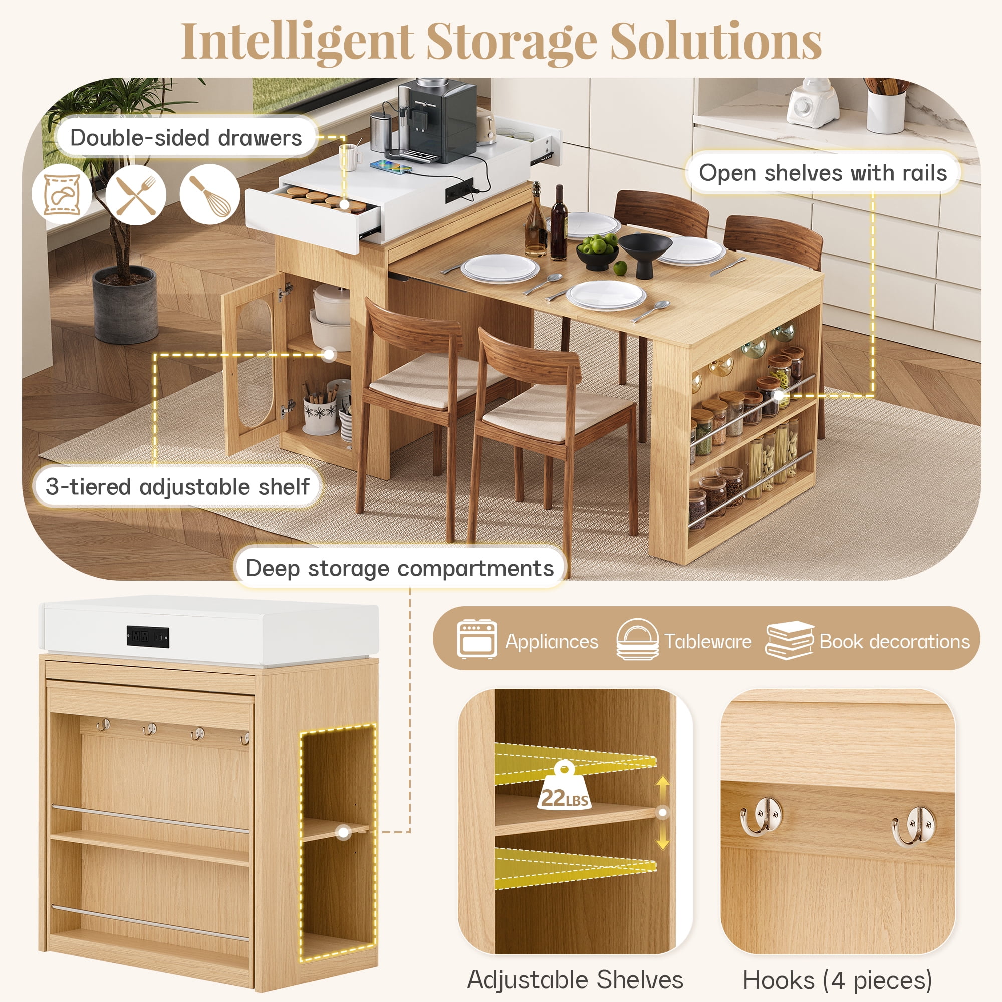 Euroco 57.7" Kitchen Island with Extendable Dining Table for 4,Rolling Mobile Kitchen Storage Table with 2 Drawers, Power Outlet,Hooks and Side Open Shelves, Kitchen Cart for Dining Room,Natural